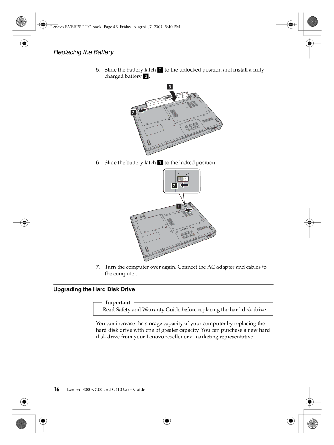 Lenovo G400, G410 warranty Replacing the Battery, Upgrading the Hard Disk Drive 