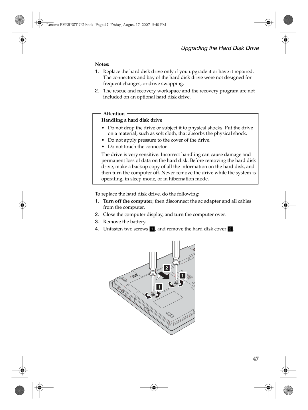 Lenovo G410, G400 warranty Upgrading the Hard Disk Drive, Handling a hard disk drive 