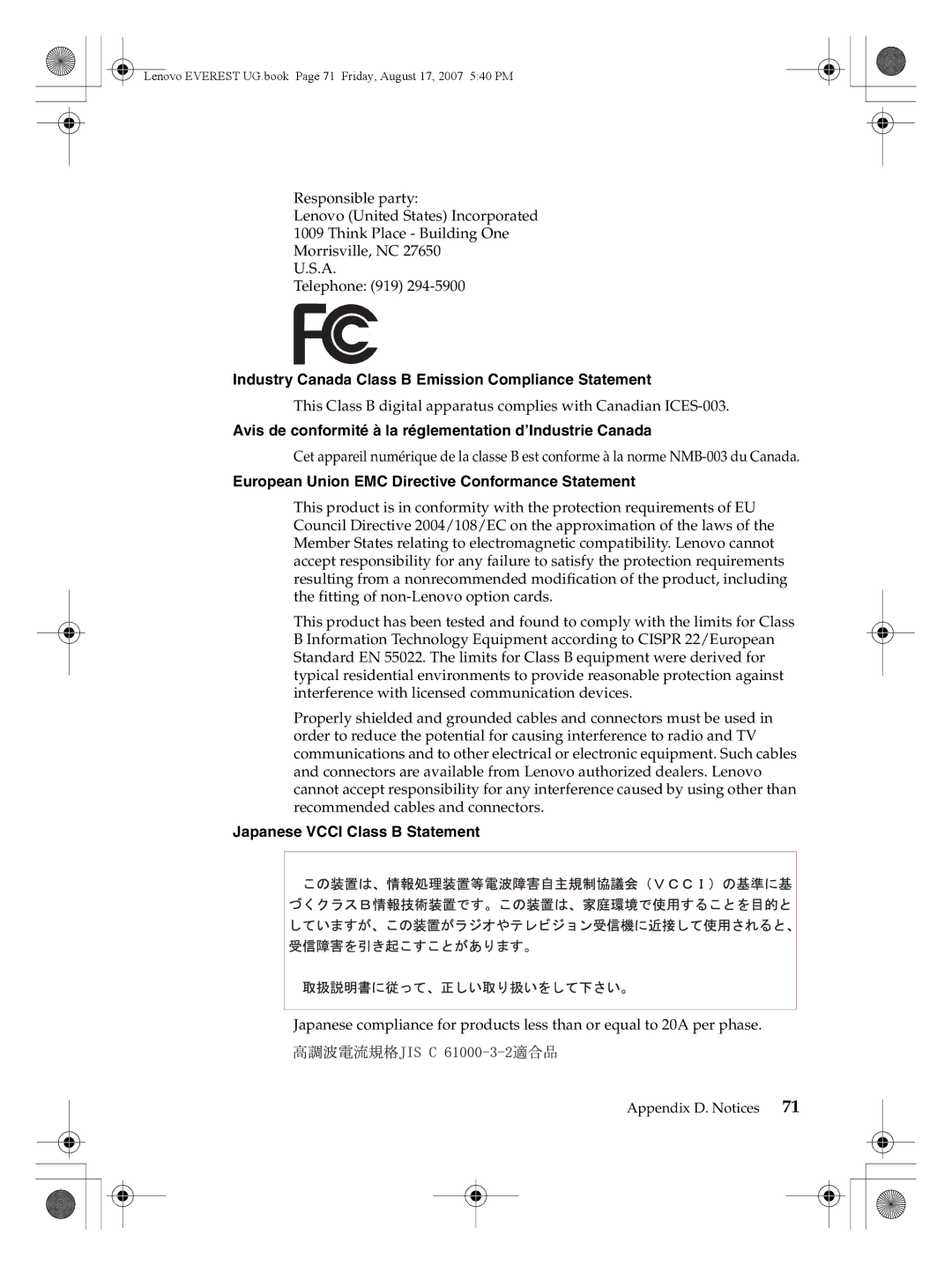 Lenovo G410 Industry Canada Class B Emission Compliance Statement, European Union EMC Directive Conformance Statement 