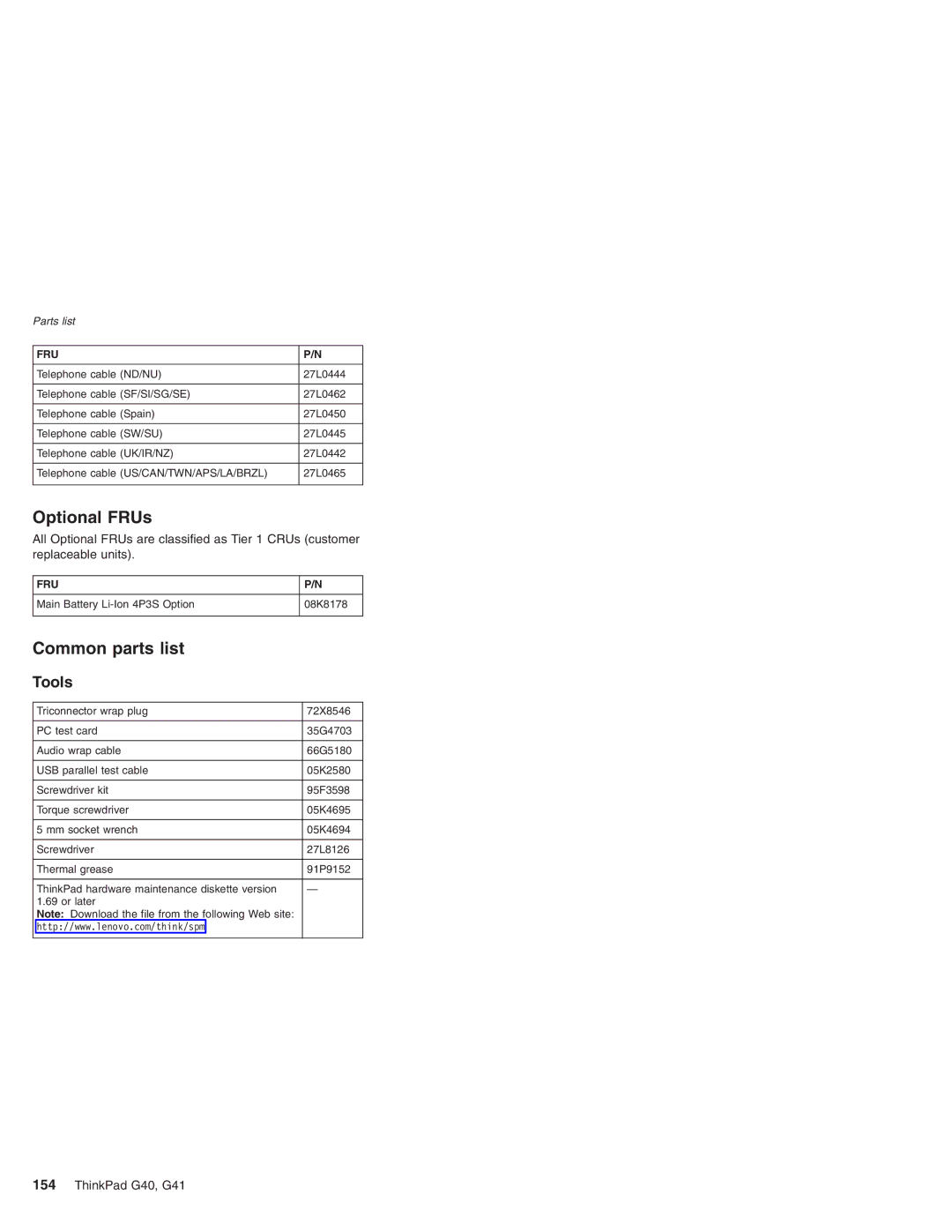 Lenovo G41 manual Optional FRUs, Common parts list, Tools 