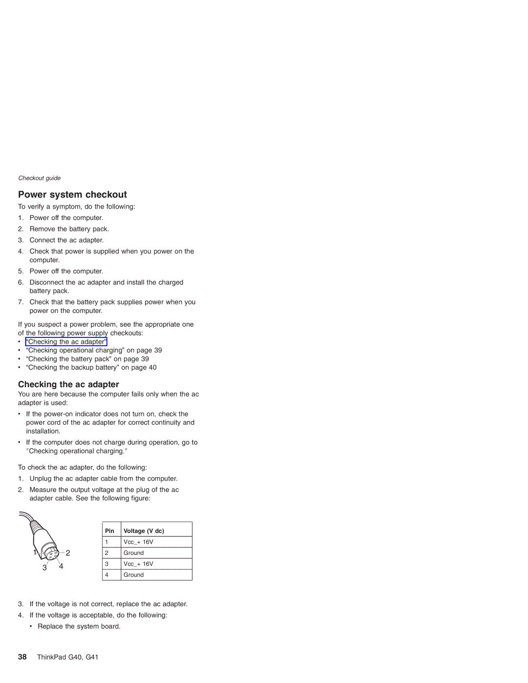 Lenovo G41 manual Power system checkout, Checking the ac adapter 