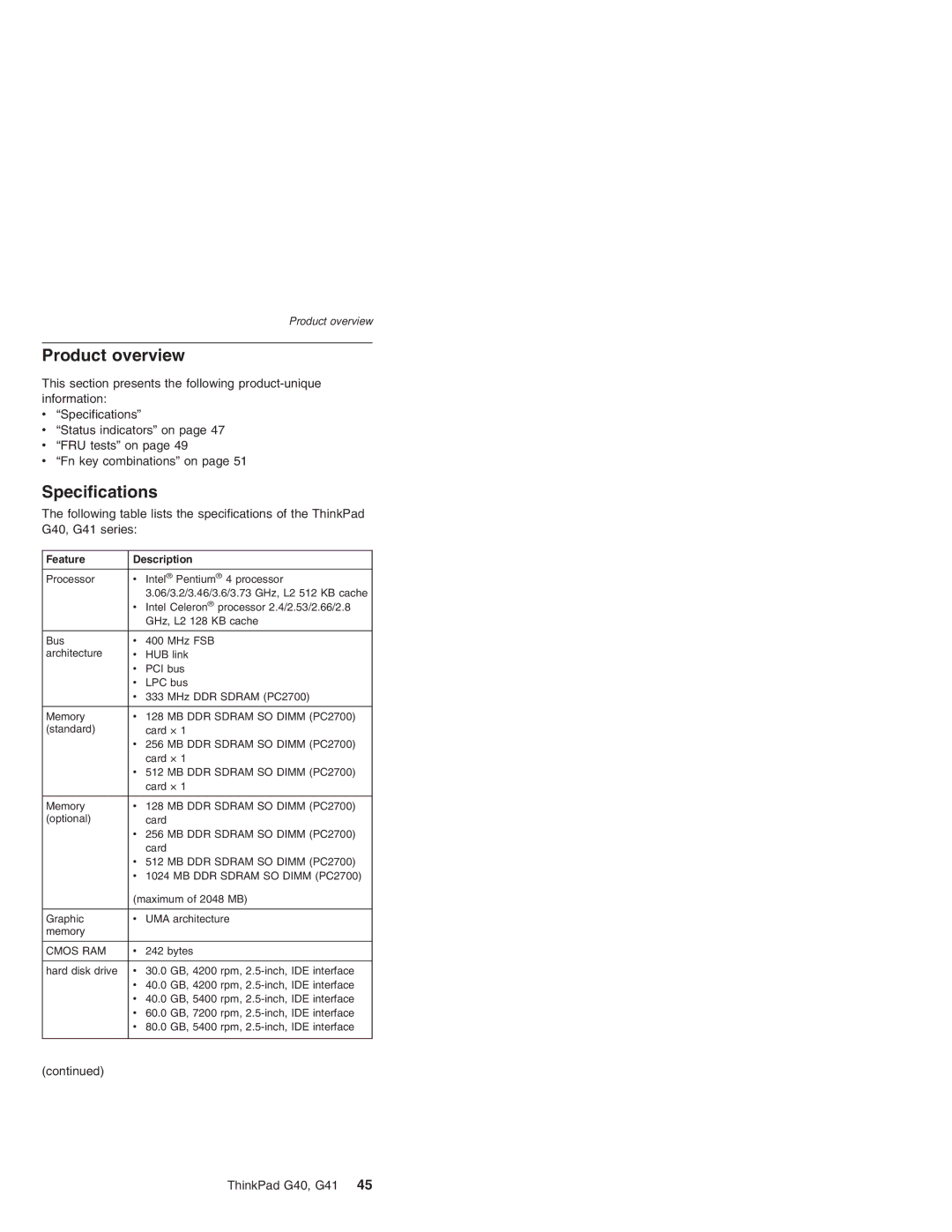 Lenovo G41 manual Product overview, Specifications 