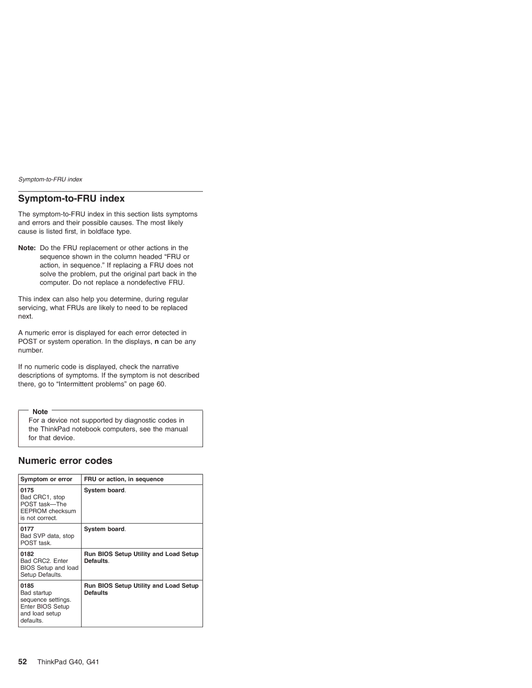 Lenovo G41 manual Symptom-to-FRU index, Numeric error codes 