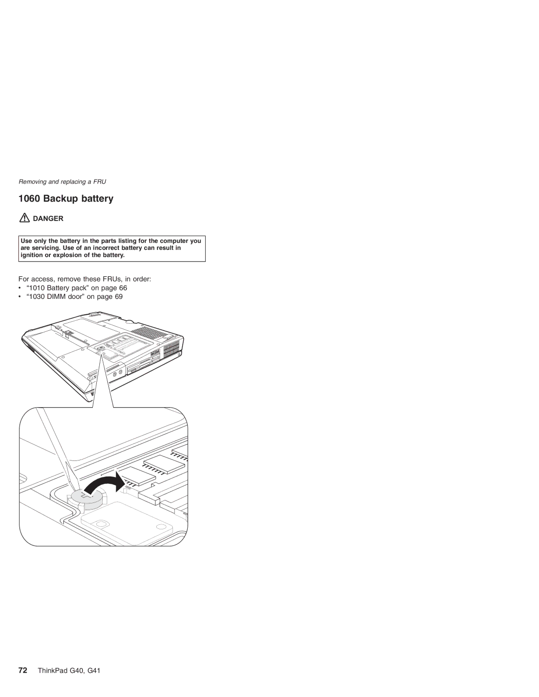 Lenovo G41 manual Backup battery 