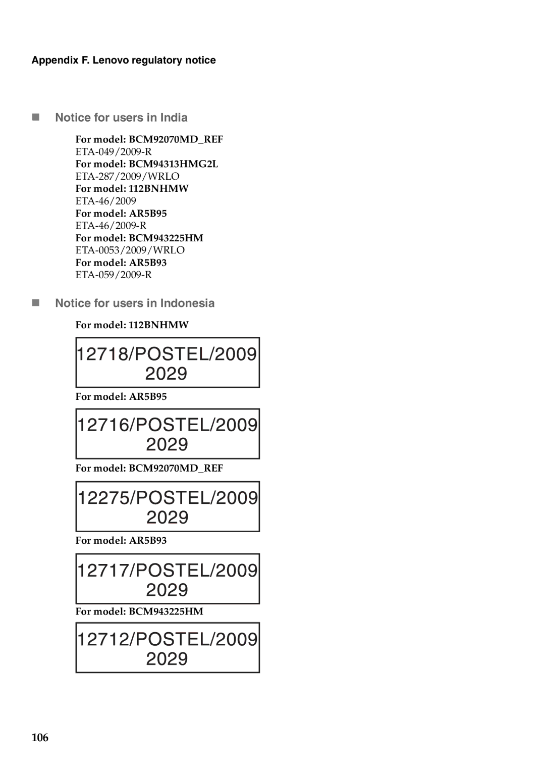 Lenovo G460 manual „ Notice for users in India, „ Notice for users in Indonesia 