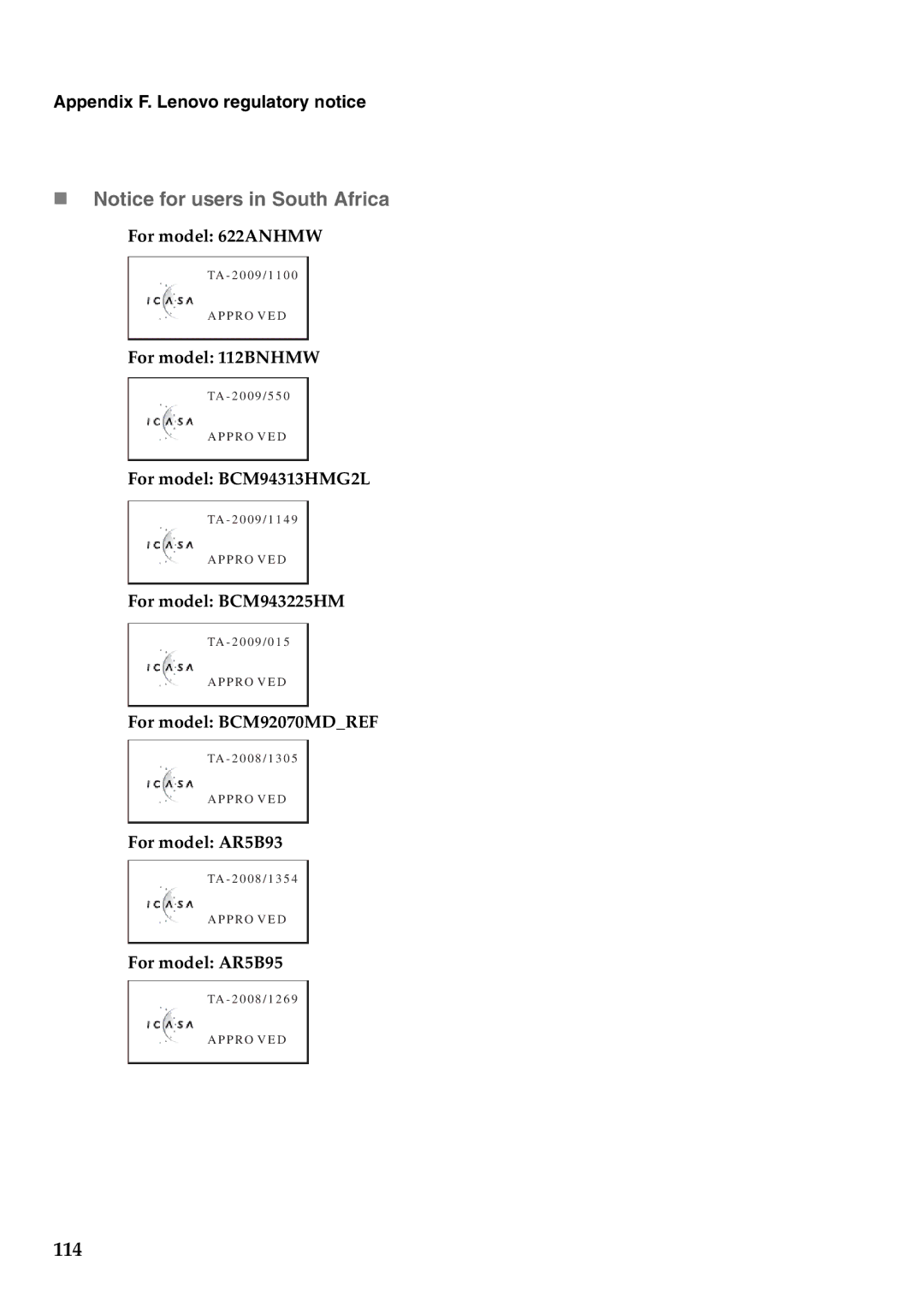 Lenovo G460 manual „ Notice for users in South Africa, For model 622ANHMW 