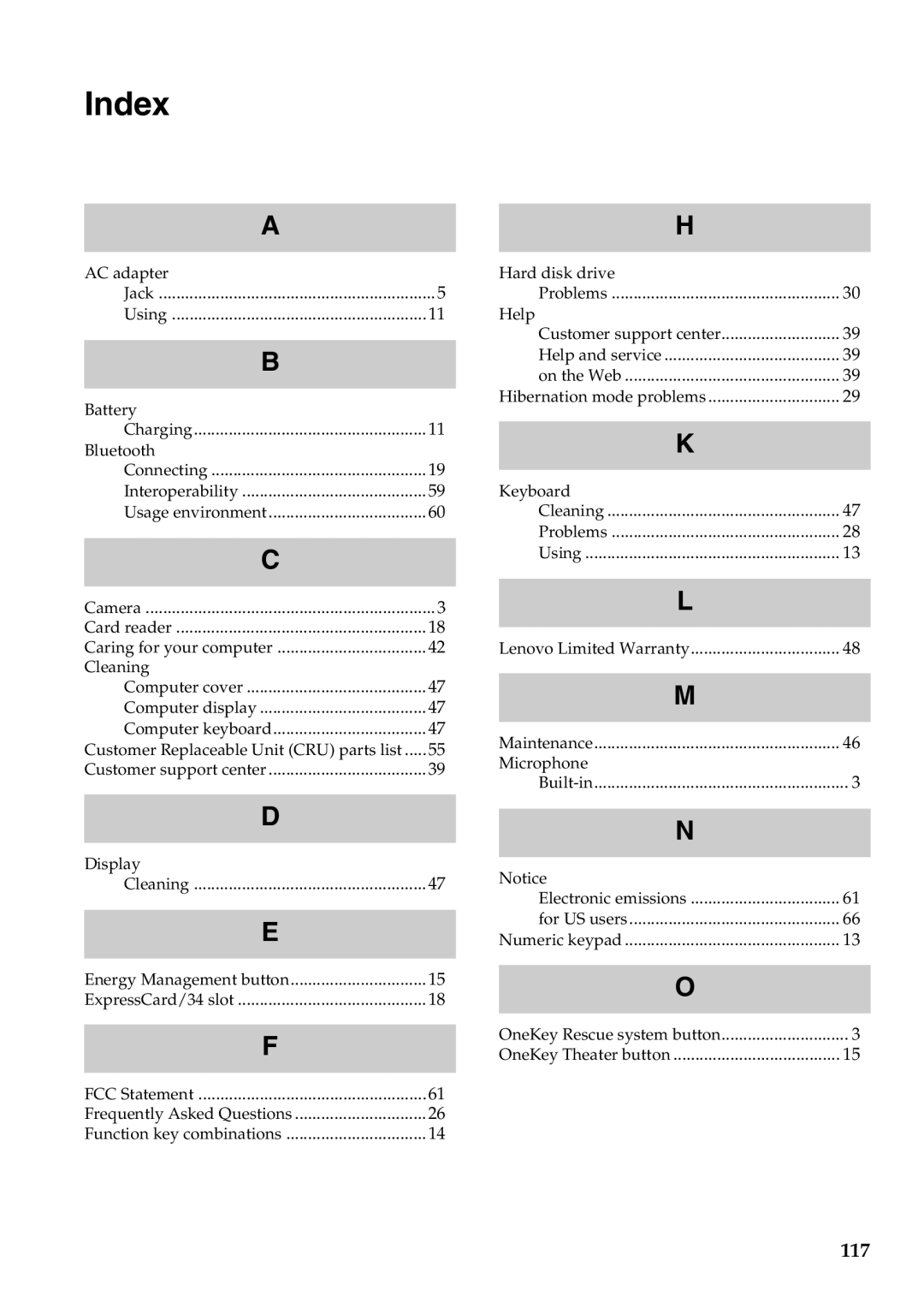 Lenovo G460 manual Index, 117 