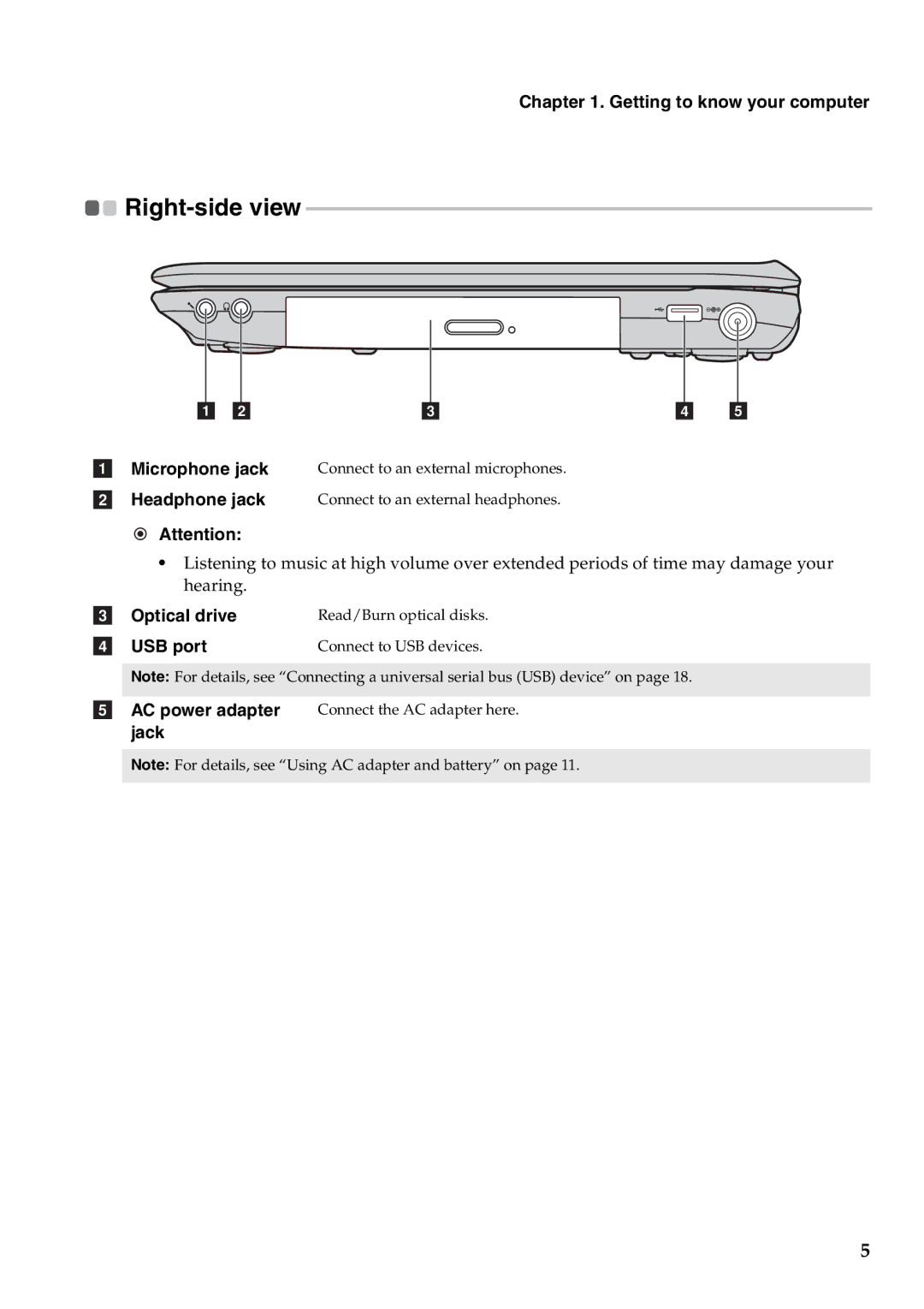 Lenovo G460 manual Optical drive, Right-side view 