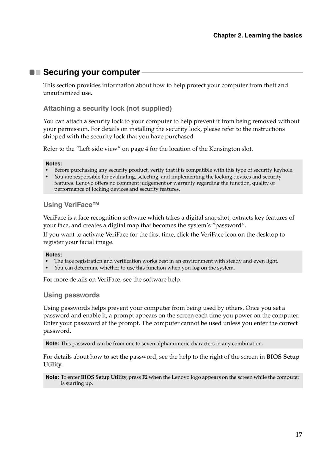 Lenovo G460 manual „ Attaching a security lock not supplied, „ Using VeriFace, „ Using passwords, Utility 