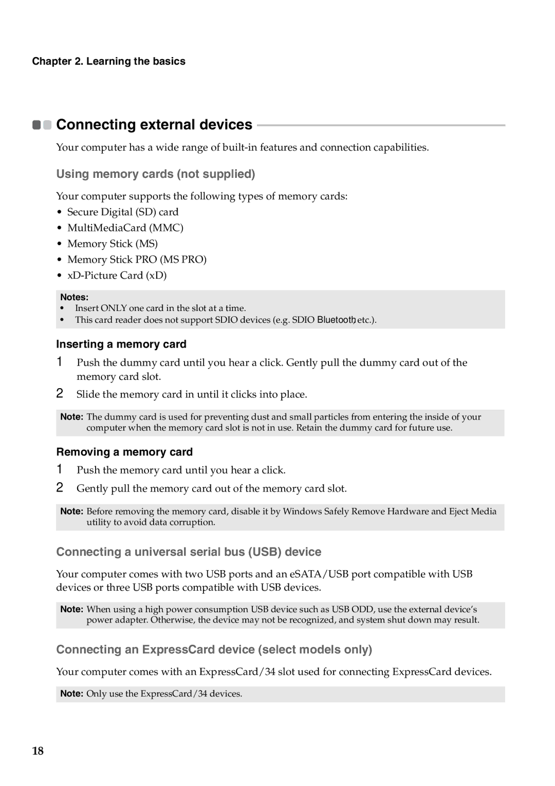 Lenovo G460 „ Using memory cards not supplied, „ Connecting a universal serial bus USB device, Inserting a memory card 