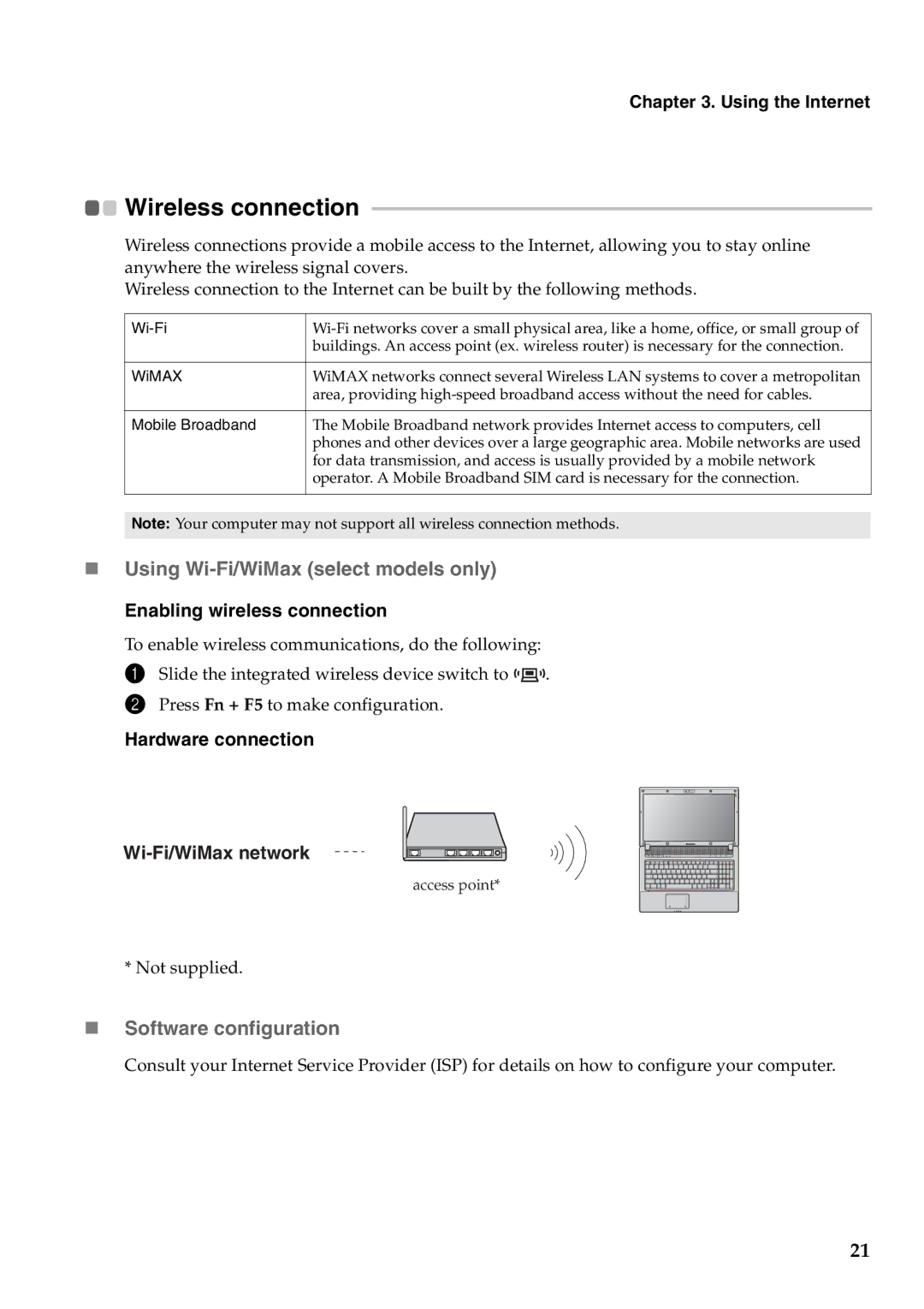 Lenovo G460 „ Using Wi-Fi/WiMax select models only, Using the Internet, Enabling wireless connection, Hardware connection 