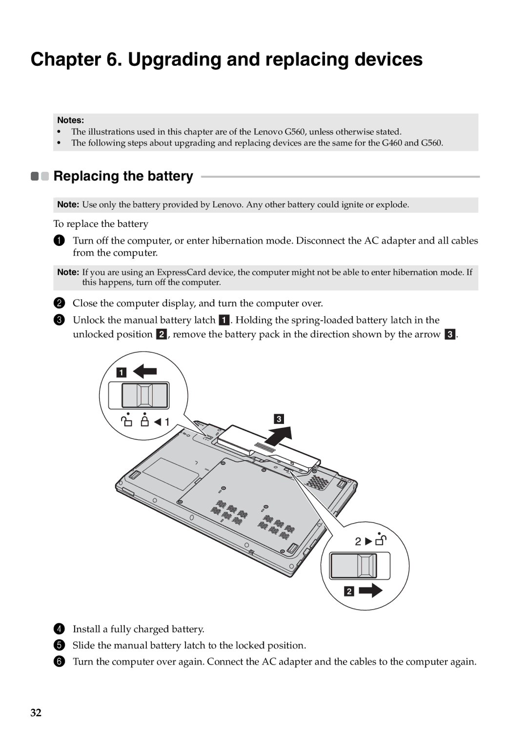 Lenovo G460 manual Upgrading and replacing devices, Replacing the battery 