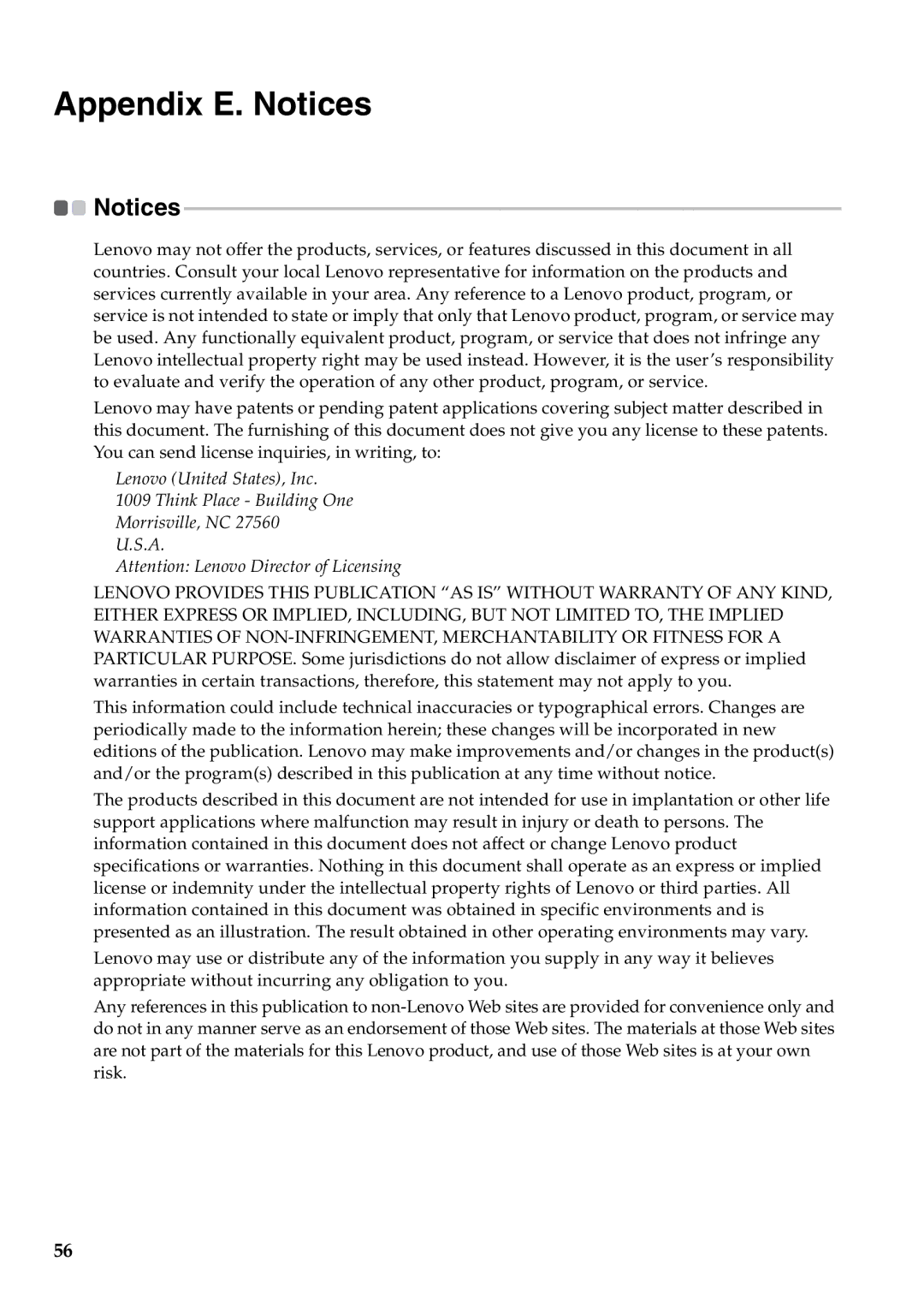 Lenovo G460 manual Appendix E. Notices 