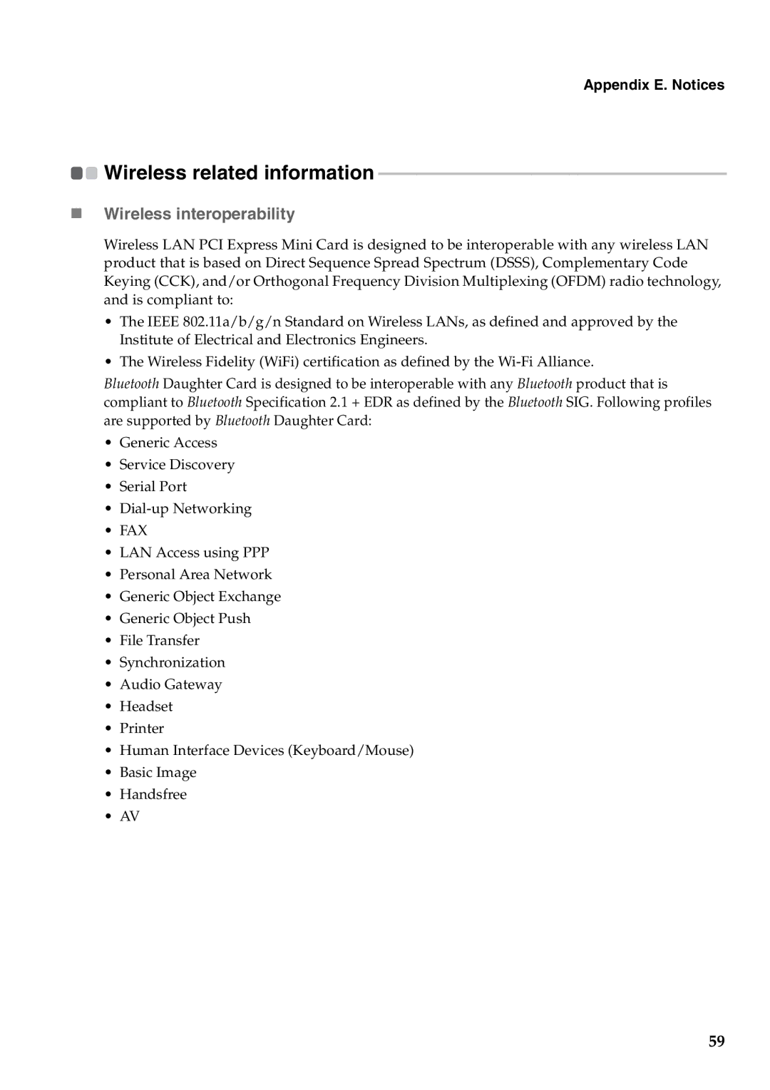 Lenovo G460 manual Wireless related information, „ Wireless interoperability 