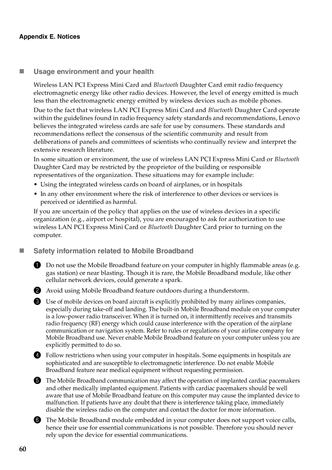 Lenovo G460 manual „ Usage environment and your health, „ Safety information related to Mobile Broadband 