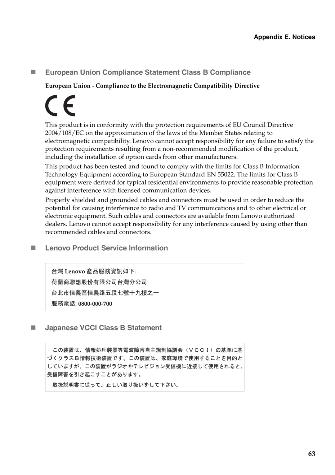 Lenovo G460 manual „ European Union Compliance Statement Class B Compliance 