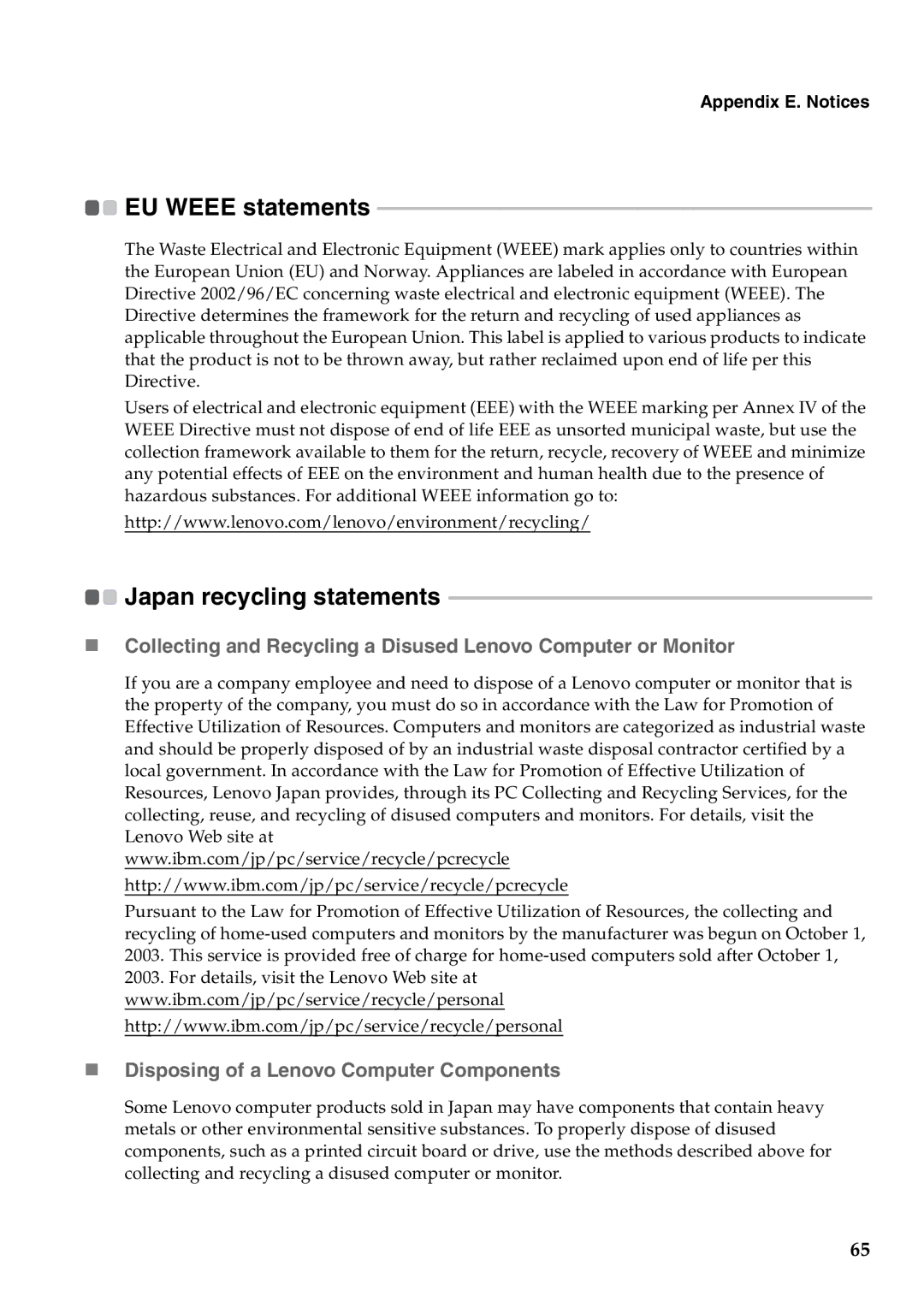 Lenovo G460 manual Japan recycling statements, „ Disposing of a Lenovo Computer Components 