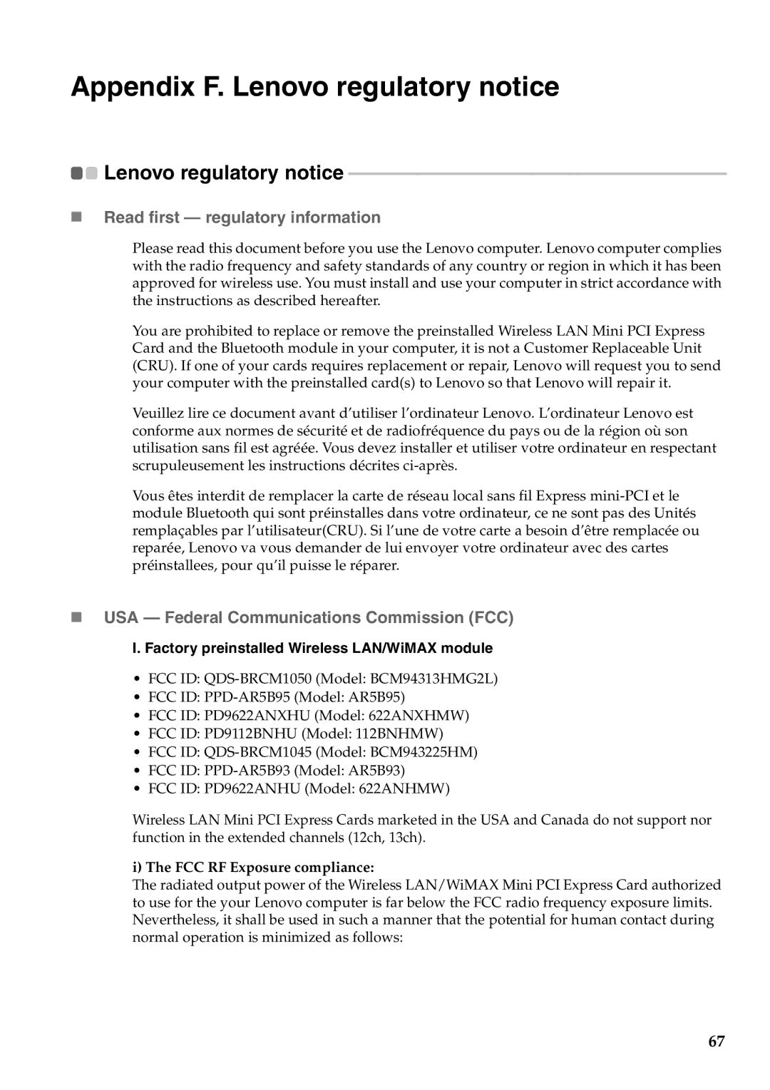 Lenovo G460 manual Appendix F. Lenovo regulatory notice, „ Read first regulatory information, FCC RF Exposure compliance 