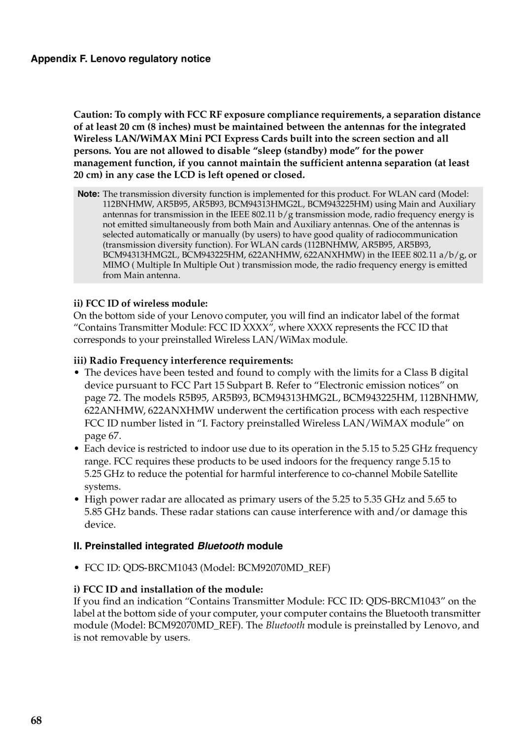 Lenovo G460 Appendix F. Lenovo regulatory notice, Ii FCC ID of wireless module, FCC ID and installation of the module 