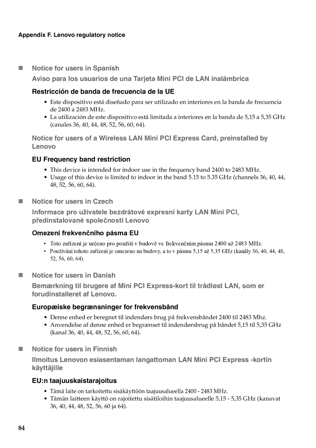 Lenovo G460 manual EU Frequency band restriction 