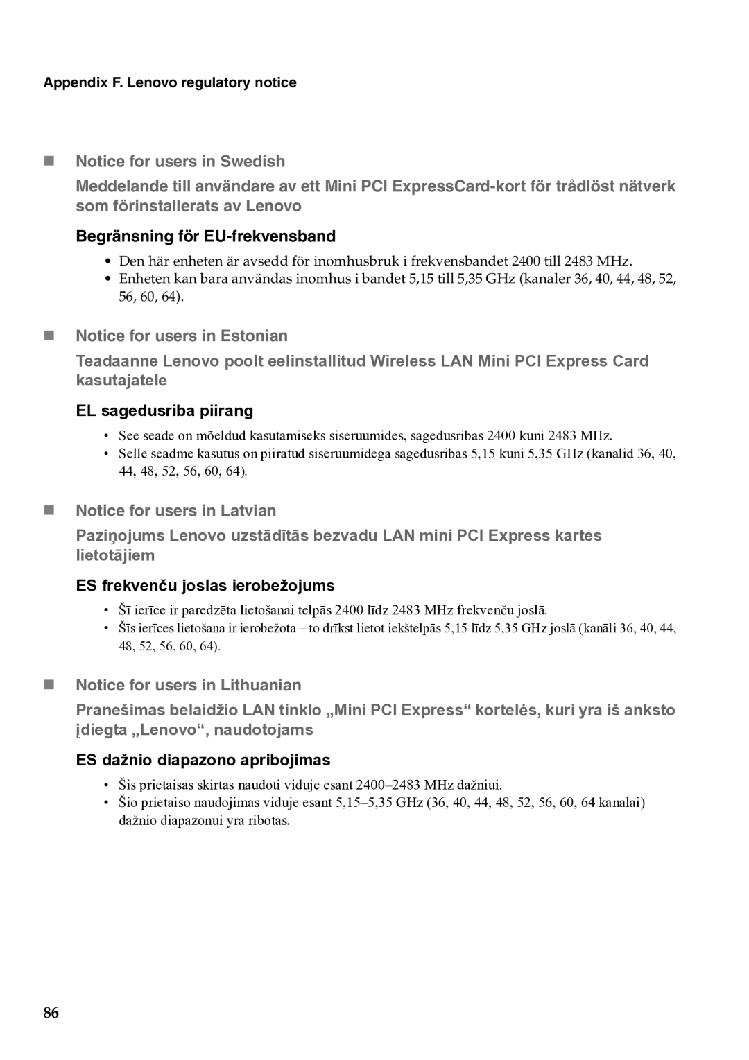 Lenovo G460 manual Begränsning för EU-frekvensband 