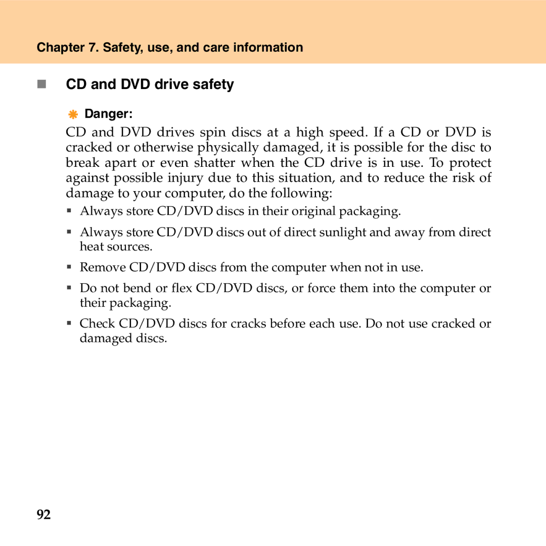 Lenovo G530 manual „ CD and DVD drive safety 