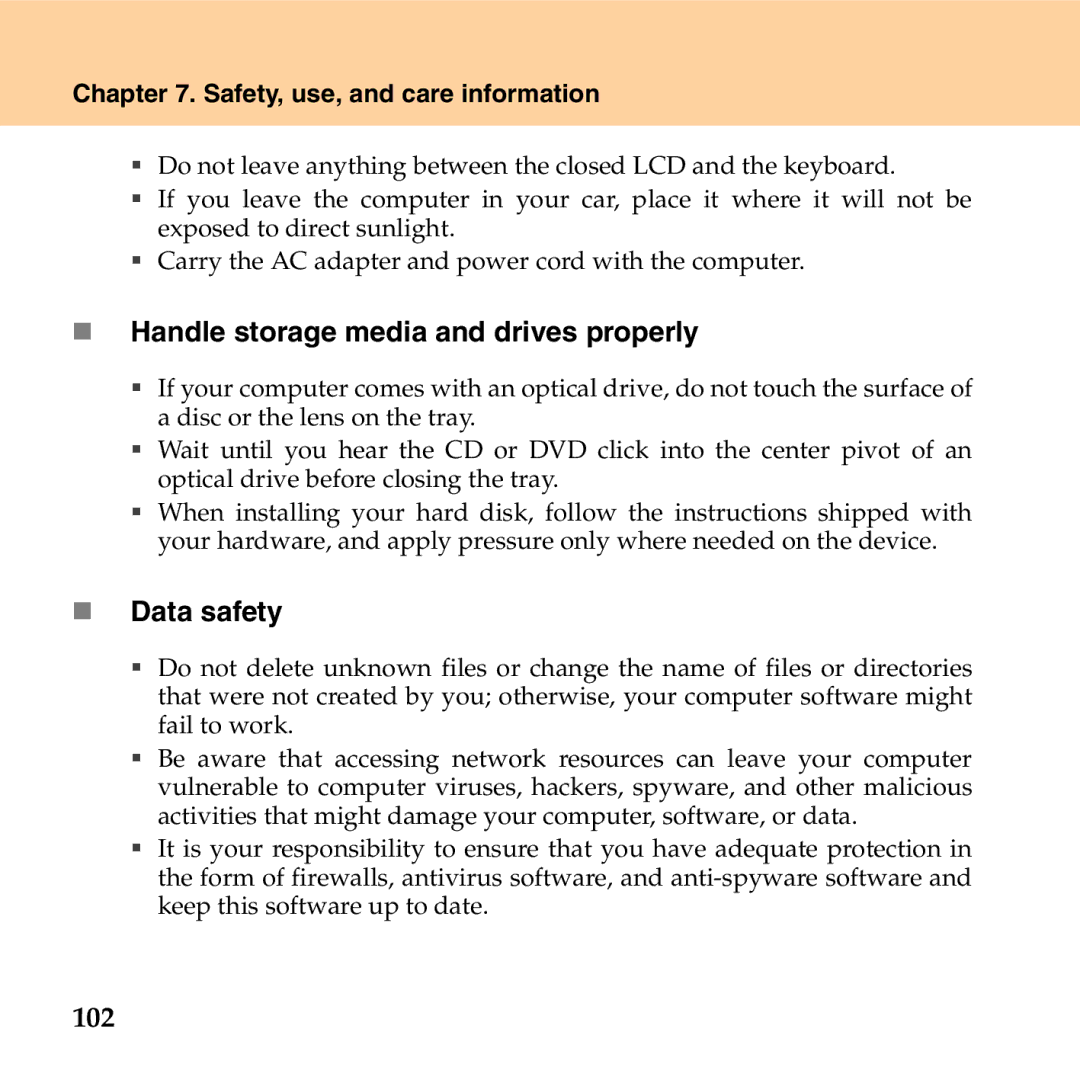 Lenovo G530 manual „ Handle storage media and drives properly, „ Data safety, 102 