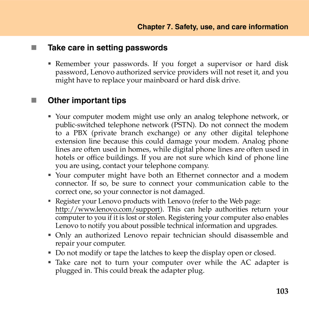 Lenovo G530 manual „ Take care in setting passwords, „ Other important tips, 103 