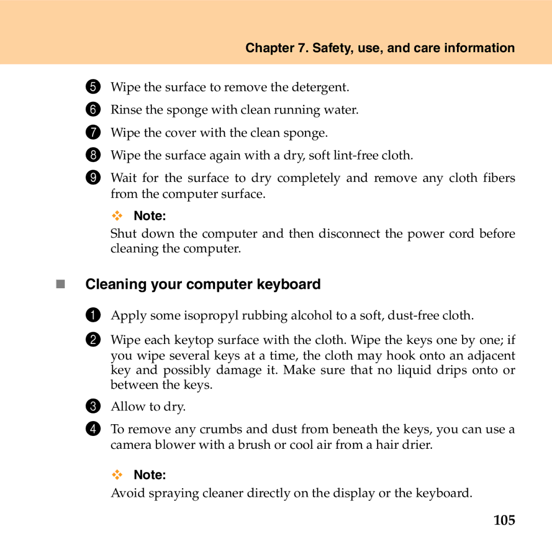 Lenovo G530 manual „ Cleaning your computer keyboard, 105 