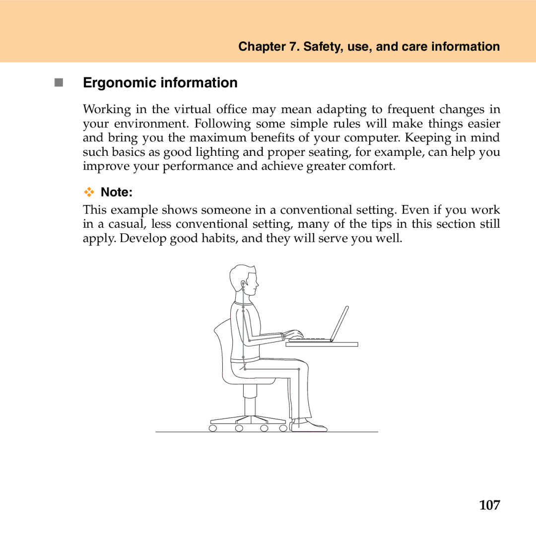 Lenovo G530 manual „ Ergonomic information, 107 