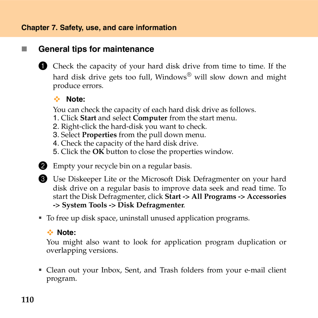 Lenovo G530 manual „ General tips for maintenance, 110 