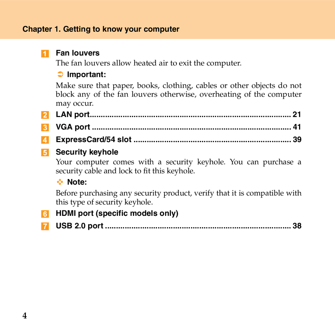 Lenovo G530 manual Getting to know your computer Fan louvers, Security keyhole, Hdmi port specific models only 