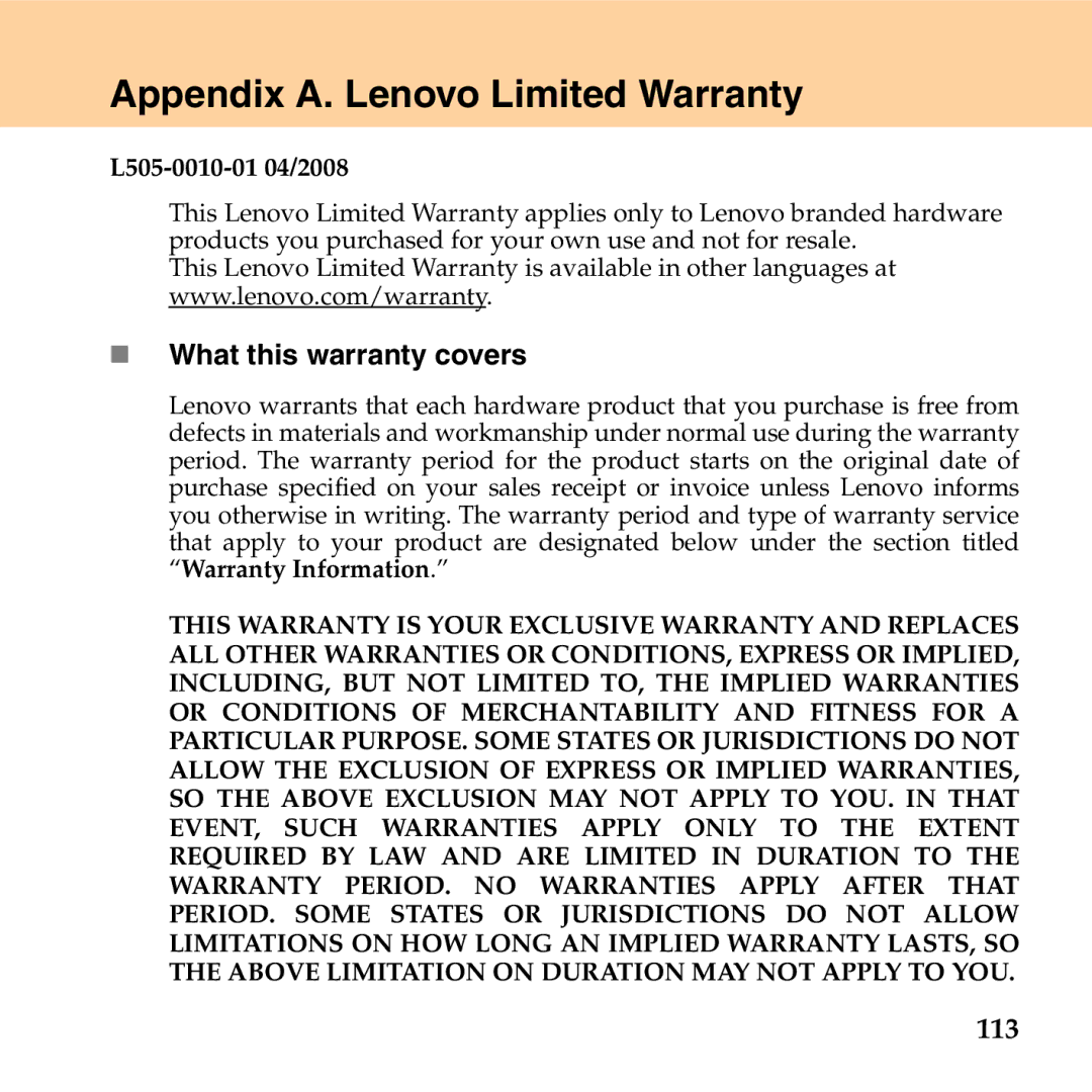 Lenovo G530 manual Appendix A. Lenovo Limited Warranty, „ What this warranty covers, 113 