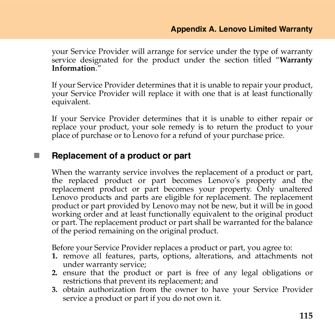 Lenovo G530 manual „ Replacement of a product or part, 115 