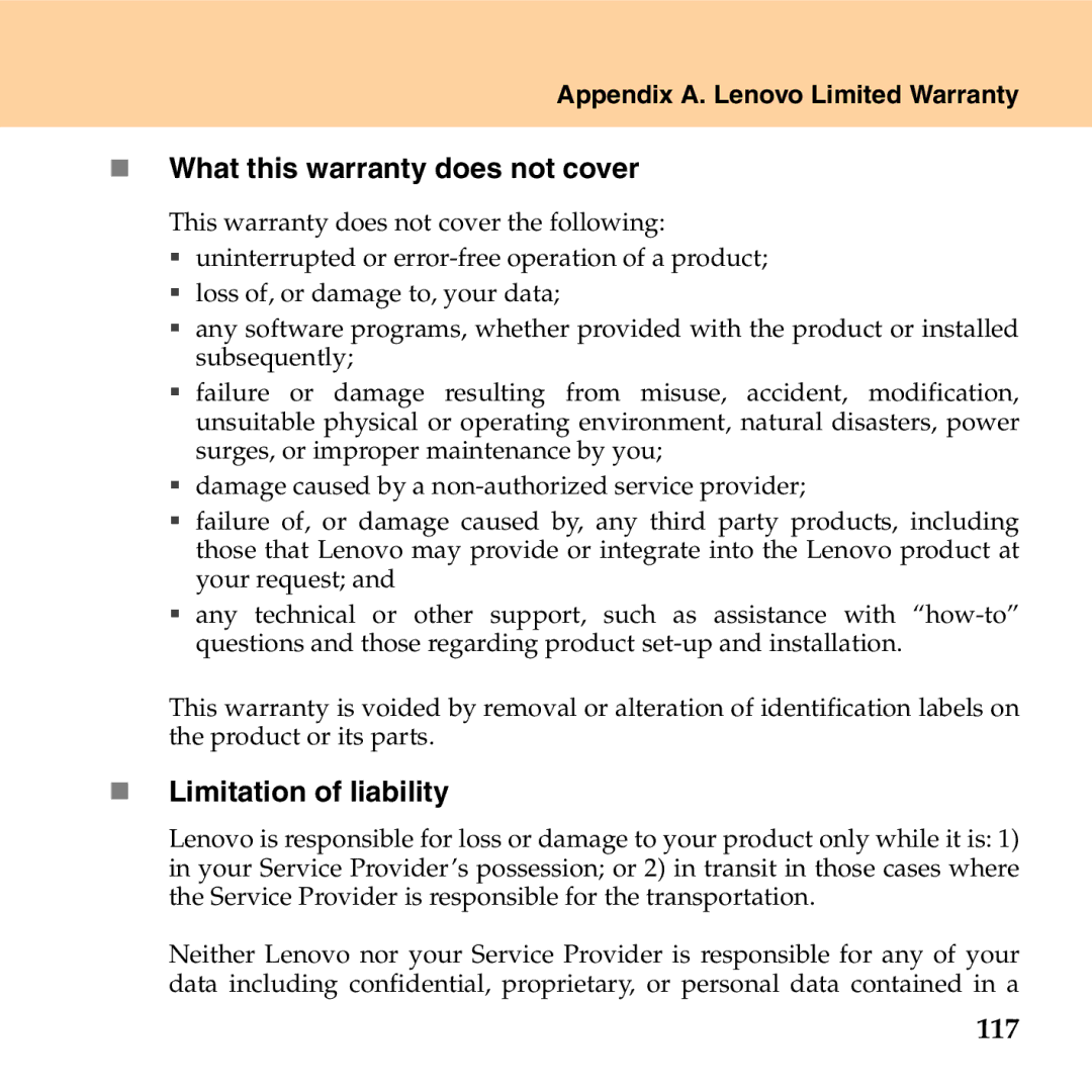 Lenovo G530 manual „ What this warranty does not cover, „ Limitation of liability, 117 