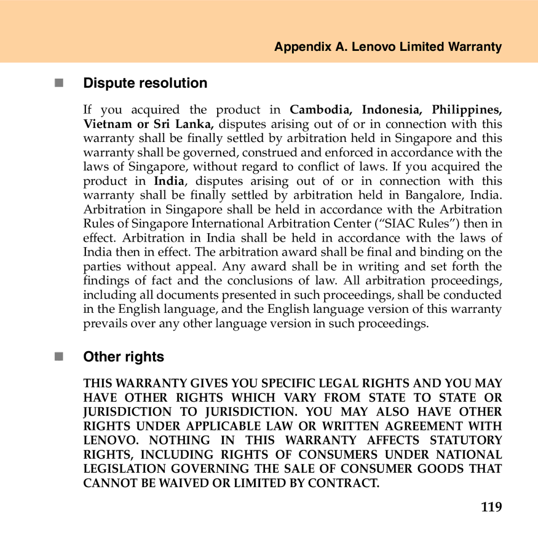 Lenovo G530 manual „ Dispute resolution, „ Other rights, 119 