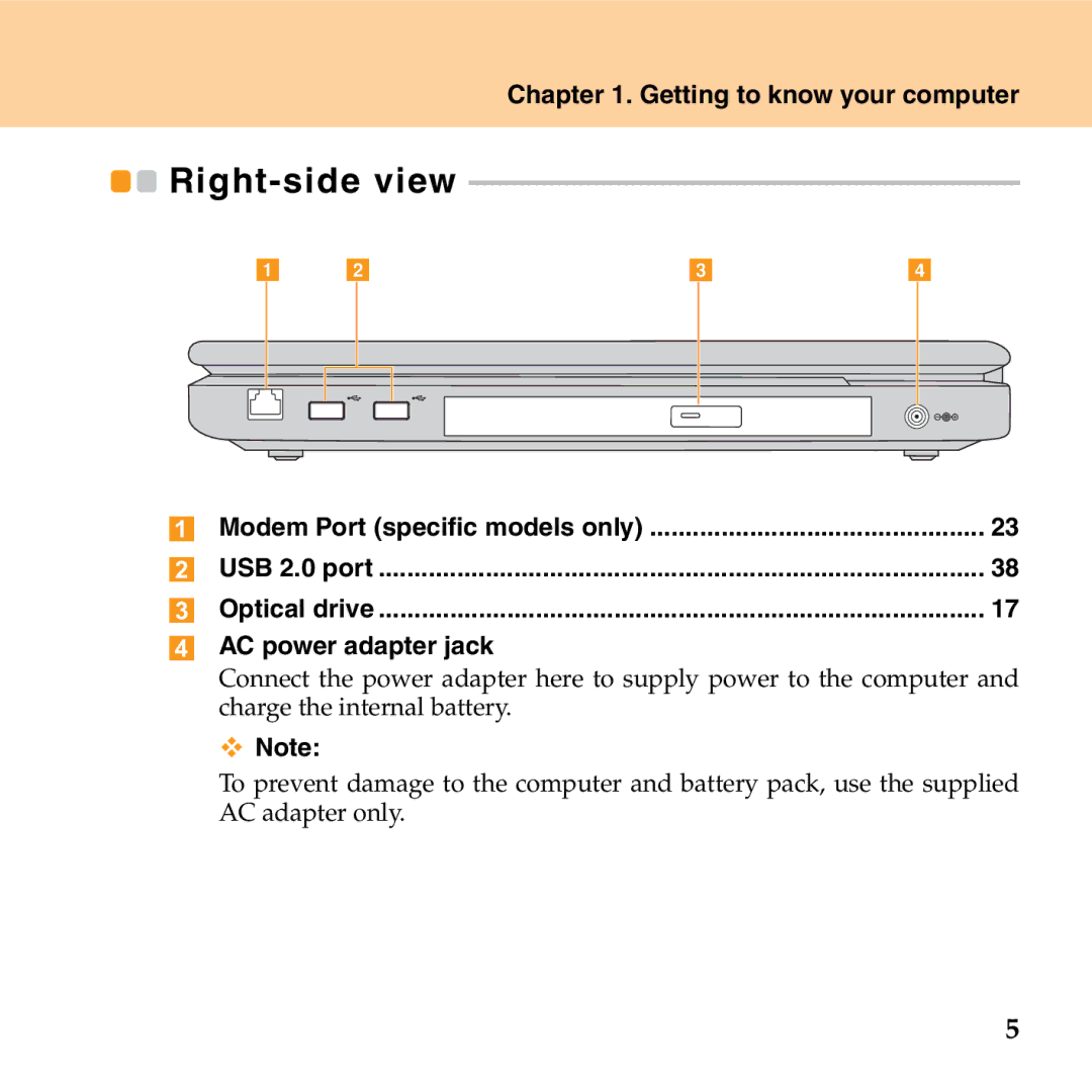 Lenovo G530 manual Right-side view, AC power adapter jack 