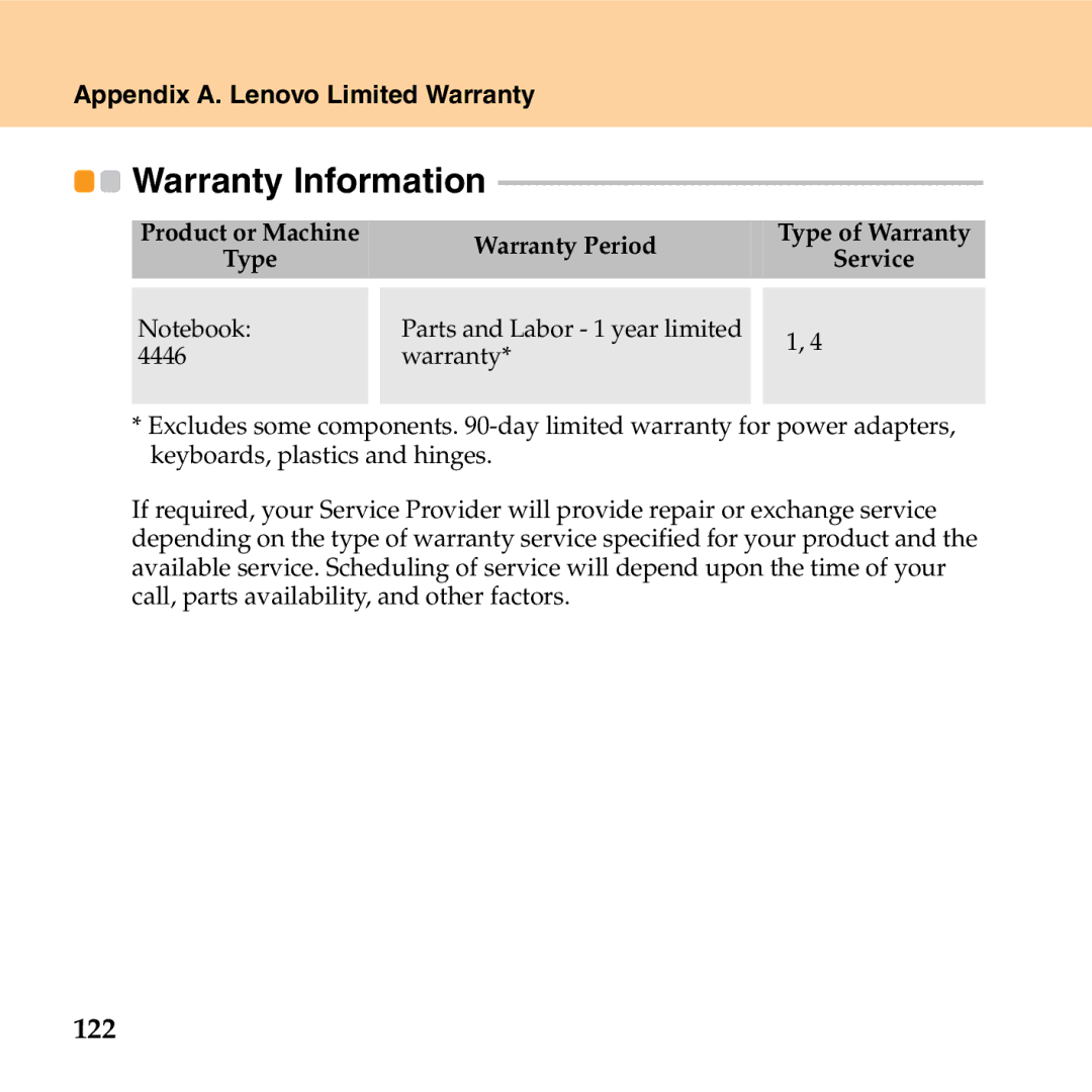 Lenovo G530 manual Warranty Information, 122 