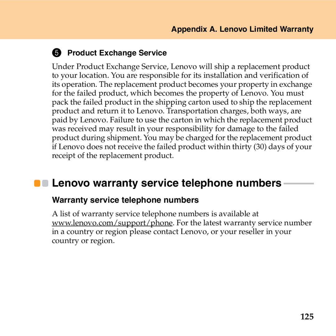 Lenovo G530 manual 125, Warranty service telephone numbers 