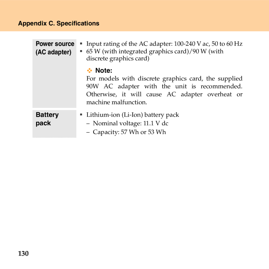 Lenovo G530 manual 130, Appendix C. Specifications 