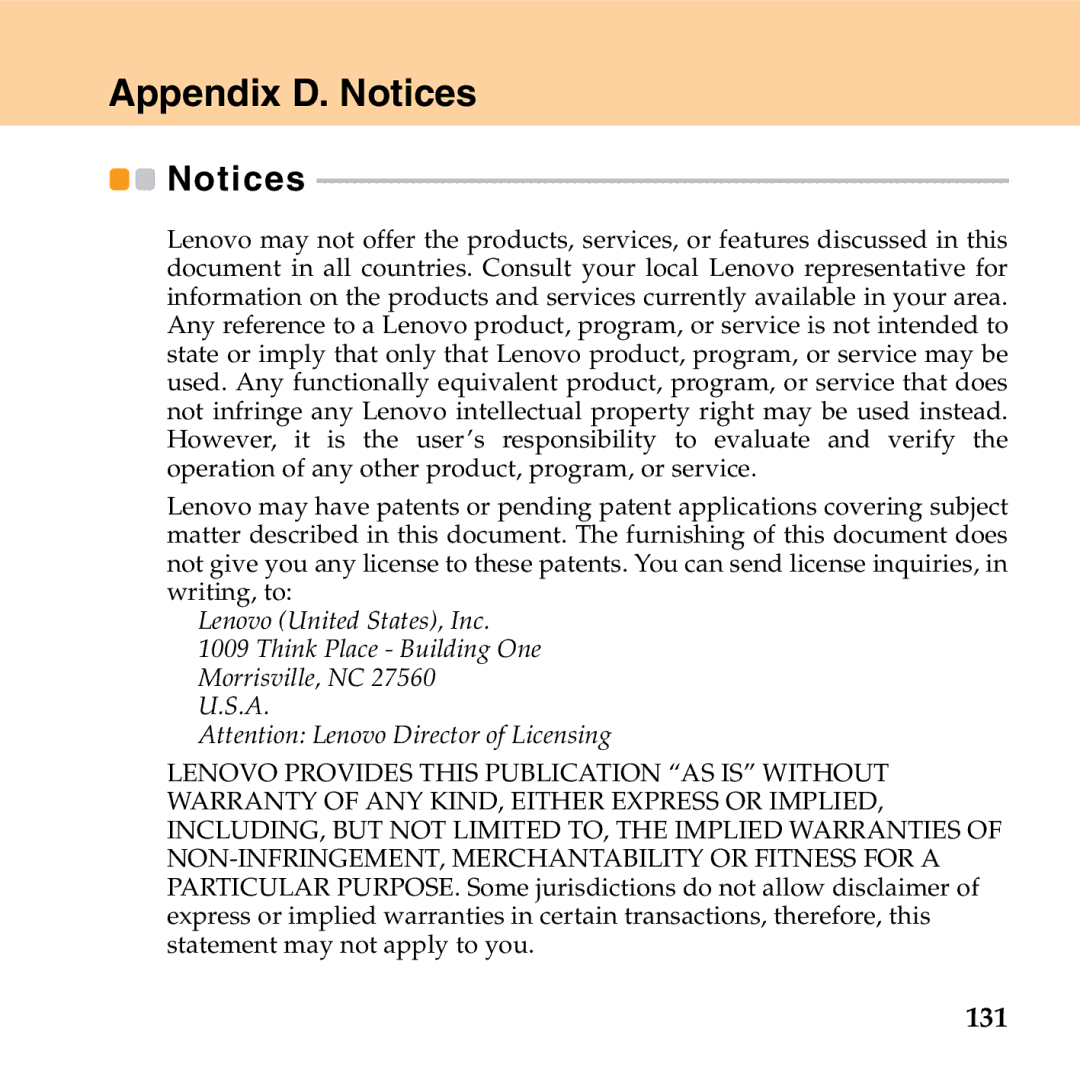 Lenovo G530 manual Appendix D. Notices, 131 