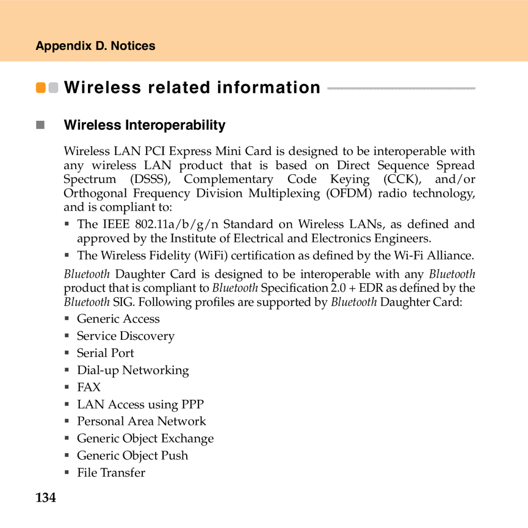 Lenovo G530 manual Wireless related information, „ Wireless Interoperability, 134 