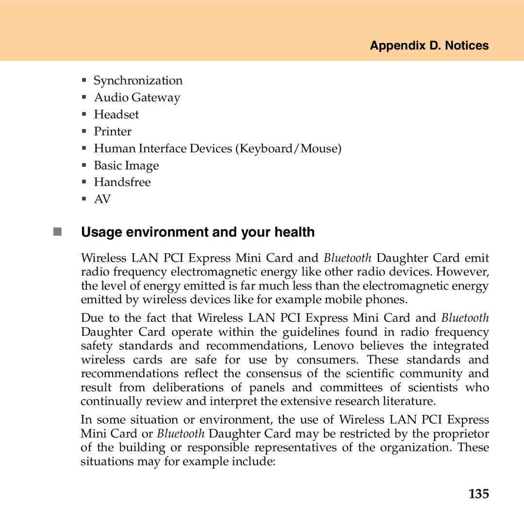 Lenovo G530 manual „ Usage environment and your health, 135 