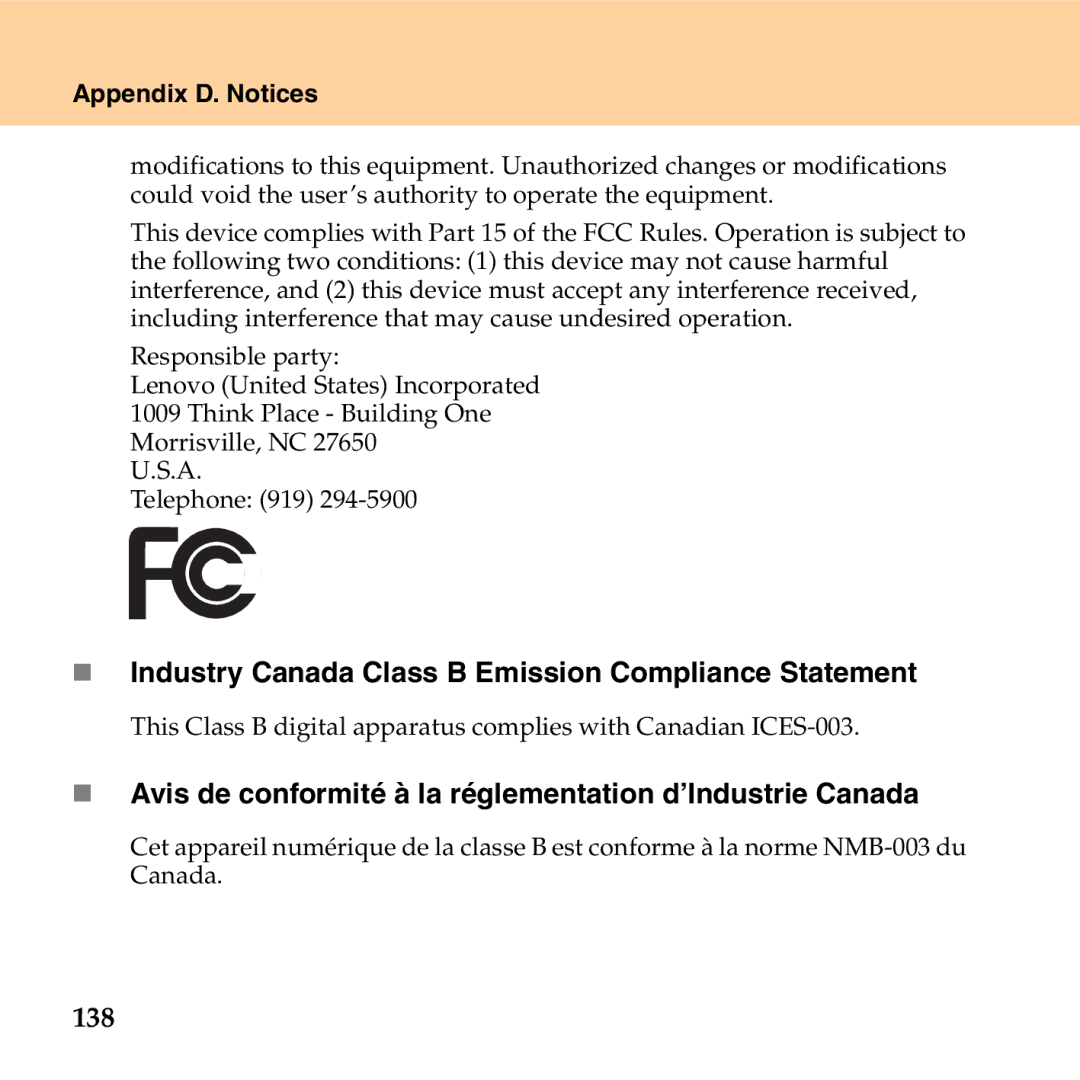 Lenovo G530 manual „ Industry Canada Class B Emission Compliance Statement, 138 