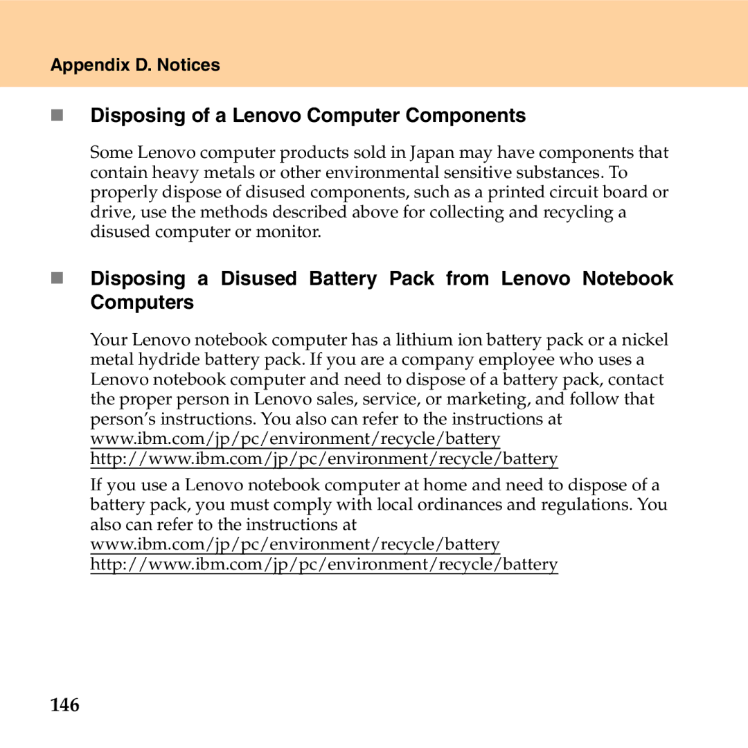 Lenovo G530 manual „ Disposing of a Lenovo Computer Components, 146 