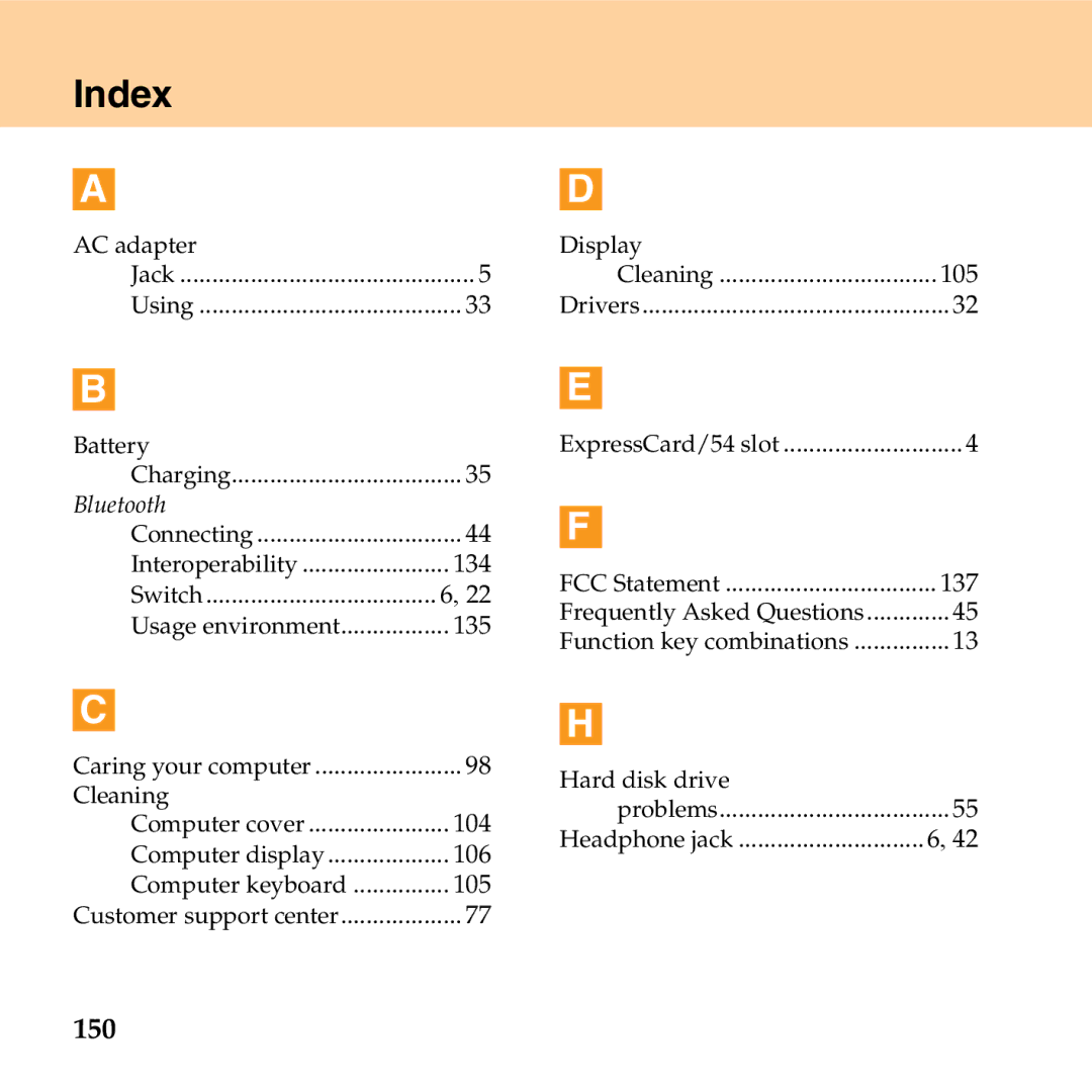 Lenovo G530 manual Index, 150 