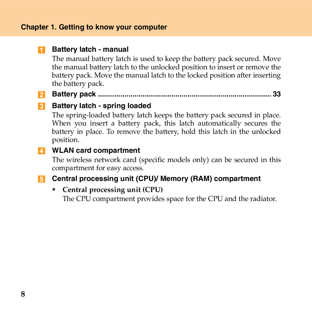 Lenovo G530 Getting to know your computer Battery latch manual, Battery latch spring loaded, Wlan card compartment 