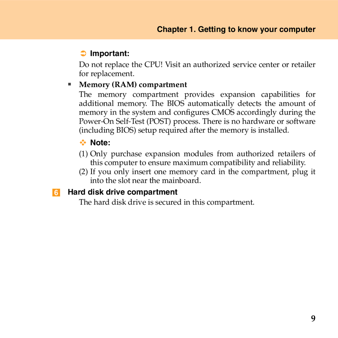 Lenovo G530 manual ƒ Memory RAM compartment, Hard disk drive compartment 