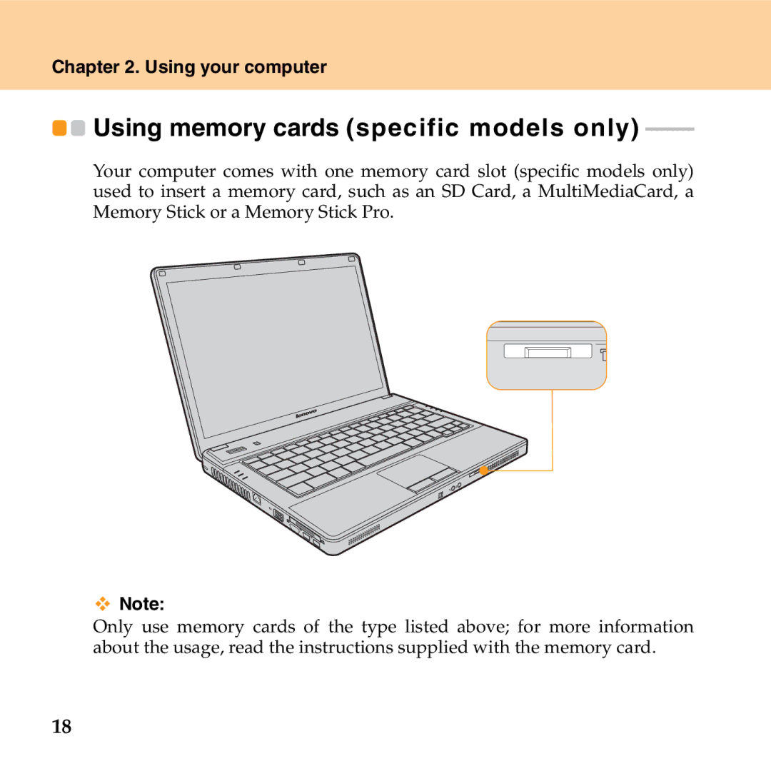 Lenovo G530 manual Using memory cards specific models only 