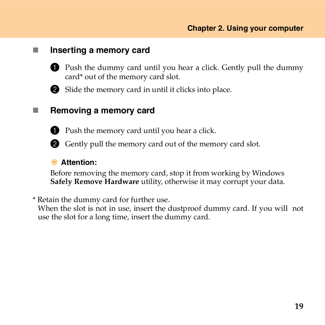 Lenovo G530 manual „ Inserting a memory card, „ Removing a memory card 